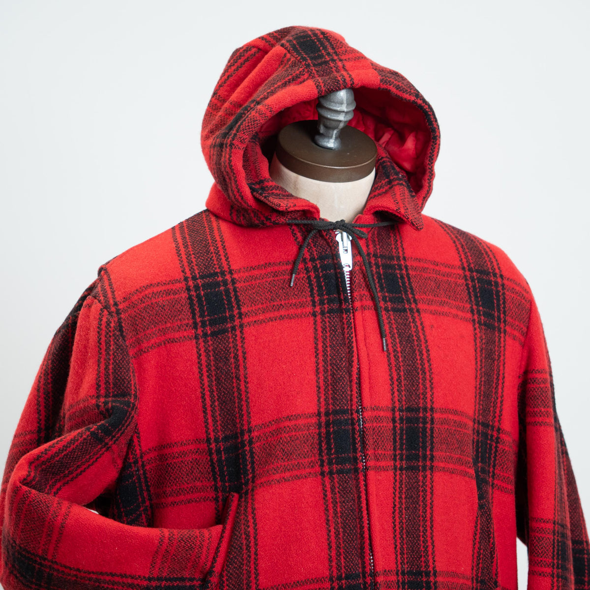 Vintage 60s Buffalo Plaid Wool Hunting Jacket - Extra Large, 46 | Red & Black Hooded Winter Coat