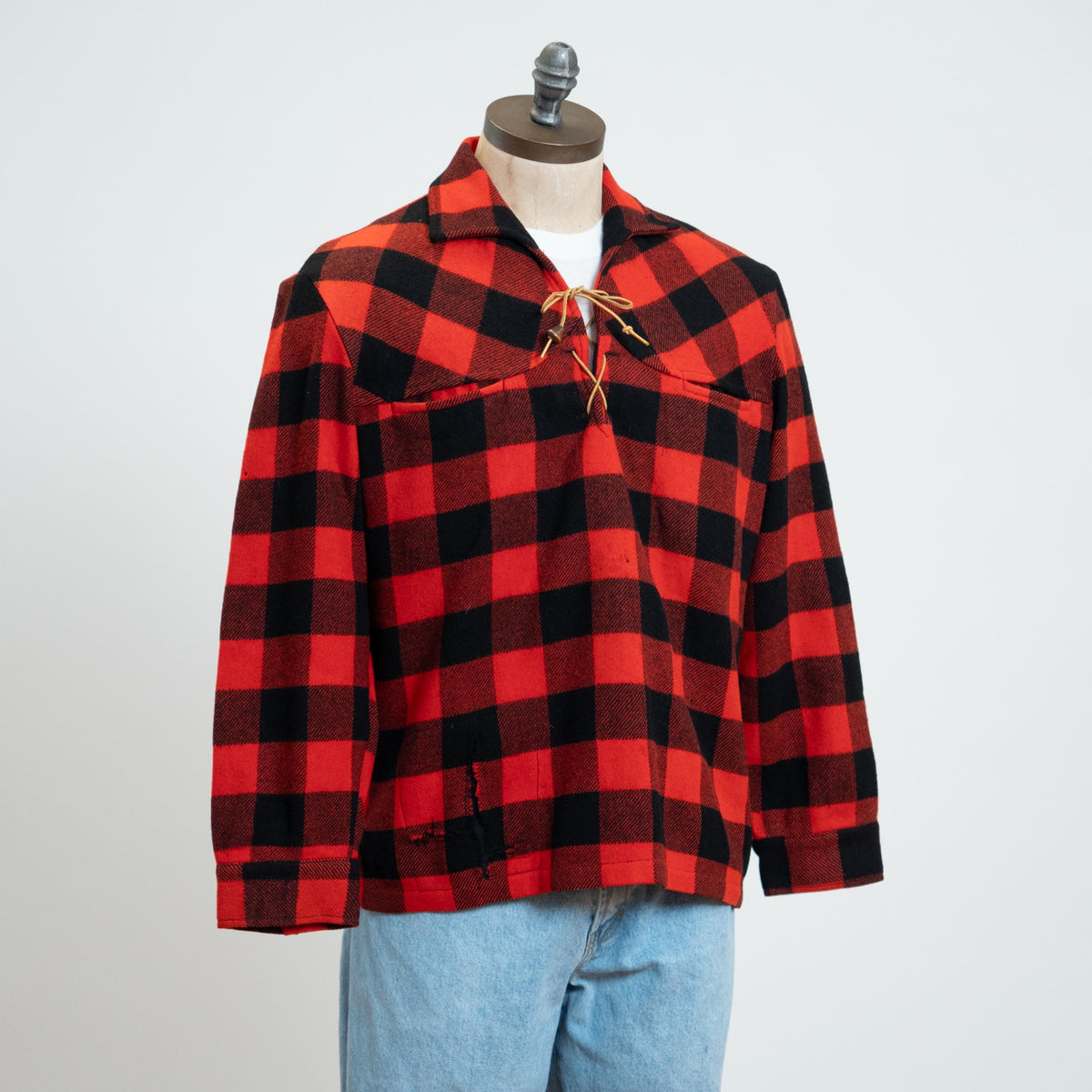 Vintage 60s Buffalo Plaid Wool Lace-Up Overshirt - Large | Red & Black Pullover Lumberjack Shirt