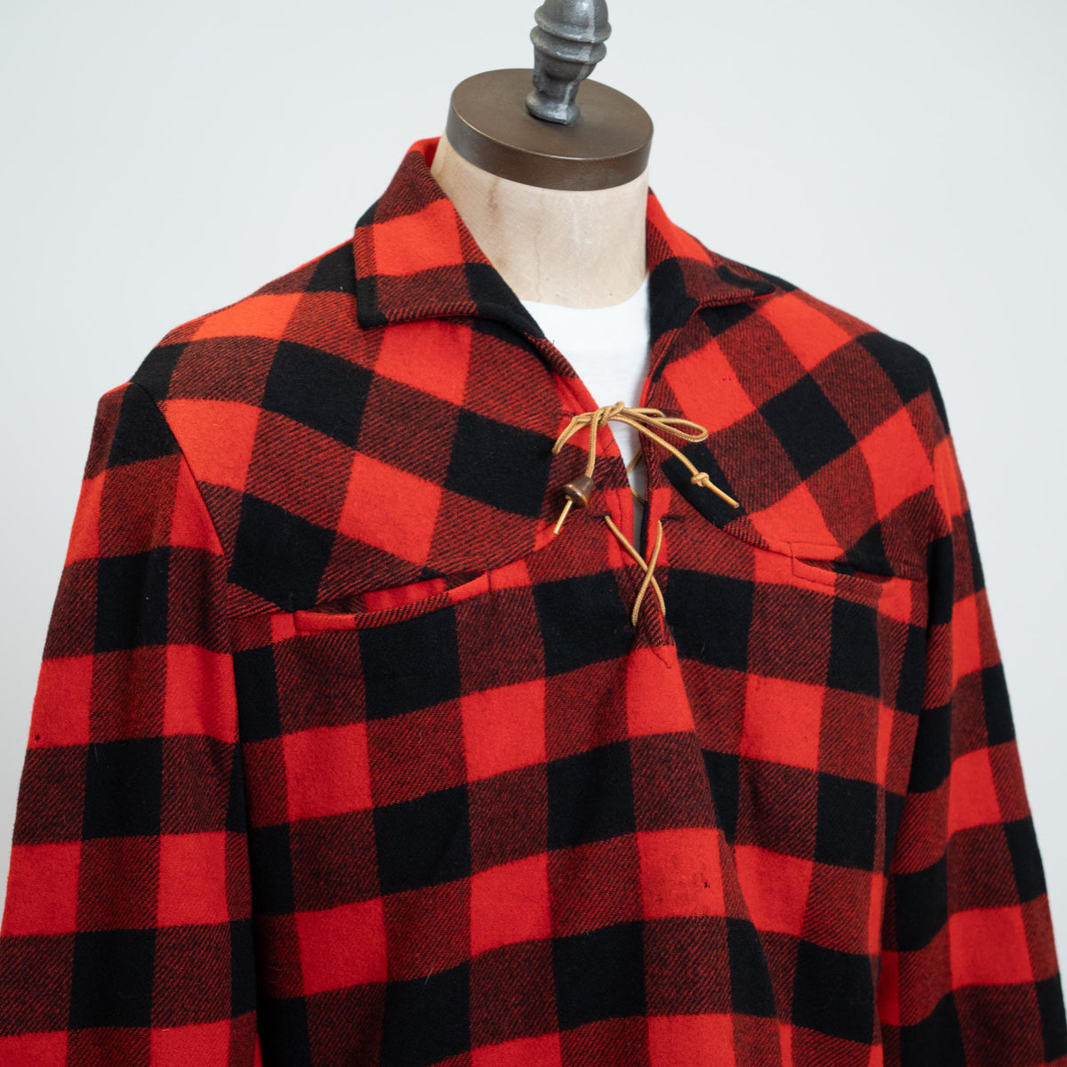 Vintage 60s Buffalo Plaid Wool Lace-Up Overshirt - Large | Red & Black Pullover Lumberjack Shirt