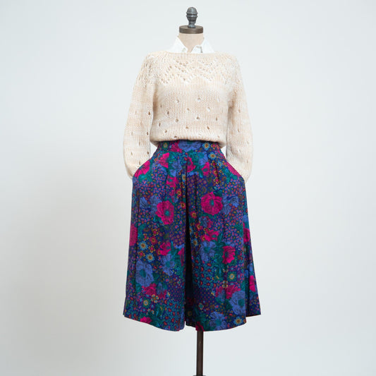 Vintage 80s Floral Culotte Lounge Shorts - Small | High Waisted Wide Leg Rayon Shorts