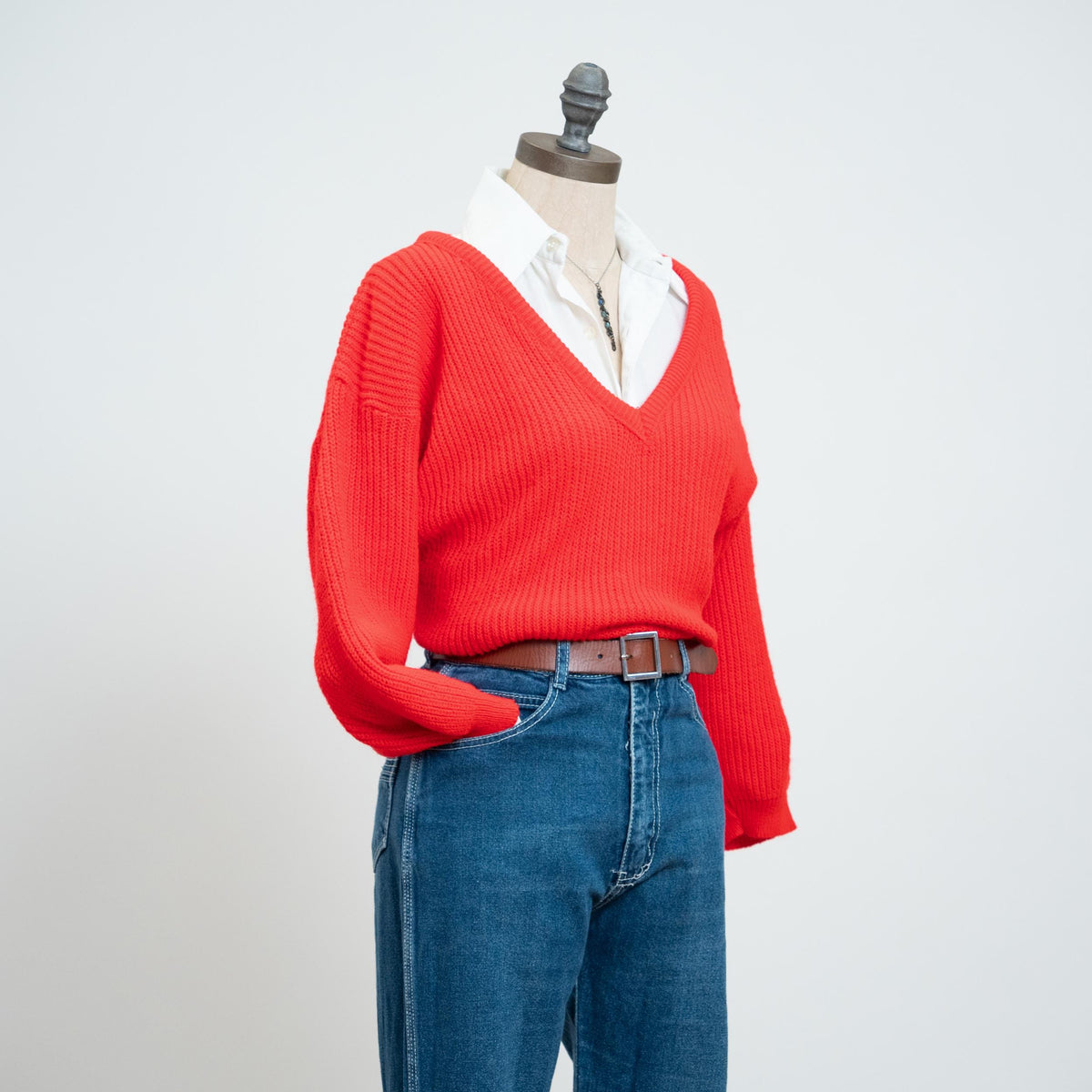Vintage 80s Red Deep V Sweater - Medium | Cropped Ribbed Knit Pullover