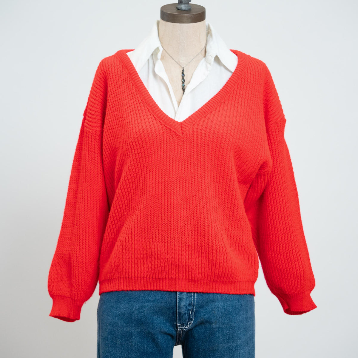 Vintage 80s Red Deep V Sweater - Medium | Cropped Ribbed Knit Pullover