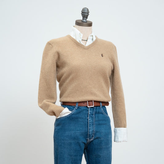 Vintage 90s Ralph Lauren Tan Lambswool Sweater - Petite Small | V Neck Preppy Knit Pullover