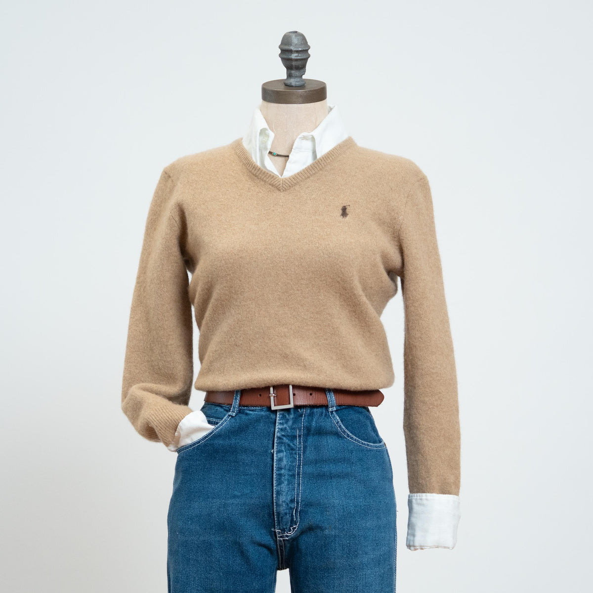 Vintage 90s Ralph Lauren Tan Lambswool Sweater - Petite Small | V Neck Preppy Knit Pullover