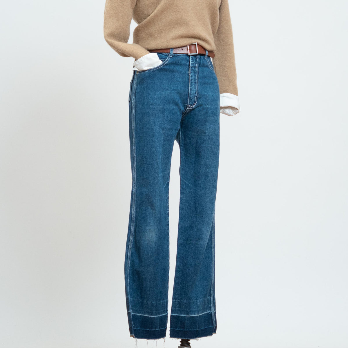 Vintage 70s Faded Contrast Stitch Western Jeans - Extra Small, 26" Waist | High Waisted Flared Distressed Jeans