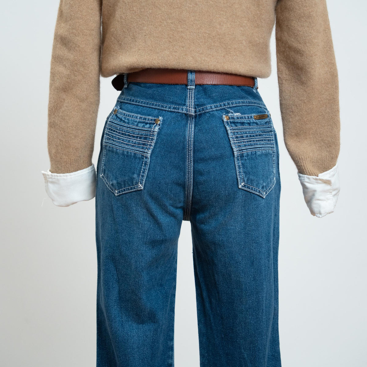 Vintage 70s Faded Contrast Stitch Western Jeans - Extra Small, 26" Waist | High Waisted Flared Distressed Jeans