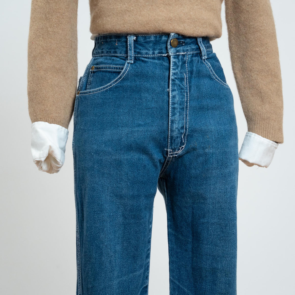 Vintage 70s Faded Contrast Stitch Western Jeans - Extra Small, 26" Waist | High Waisted Flared Distressed Jeans