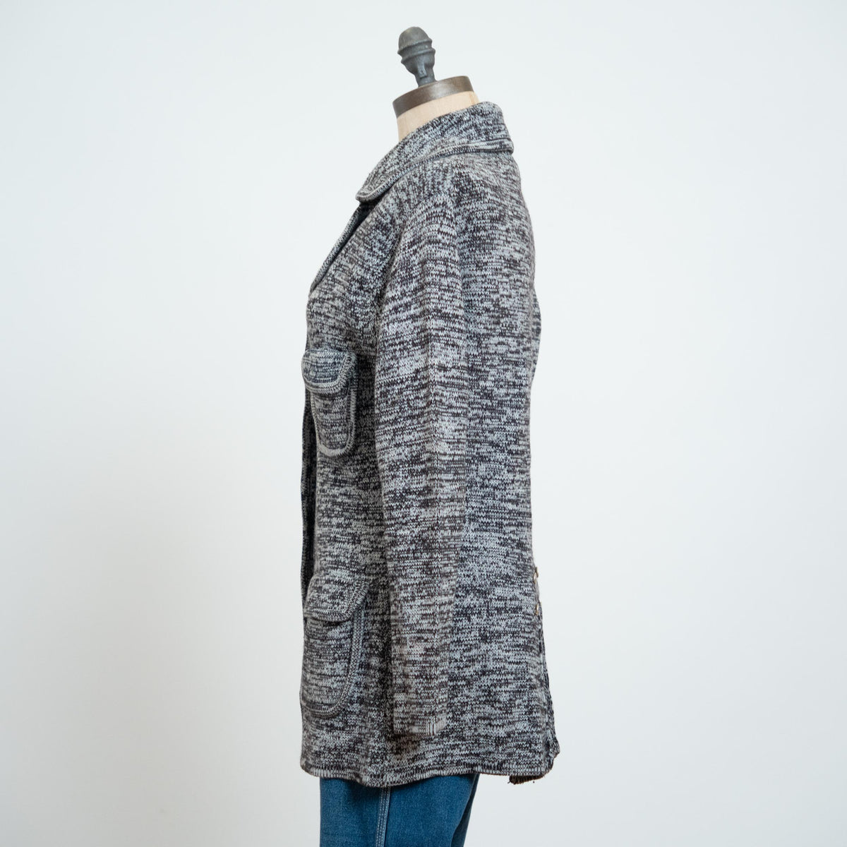 Vintage 70s Black & White Marled Knit Cardigan - Medium | Notched Collar Button Up Sweater
