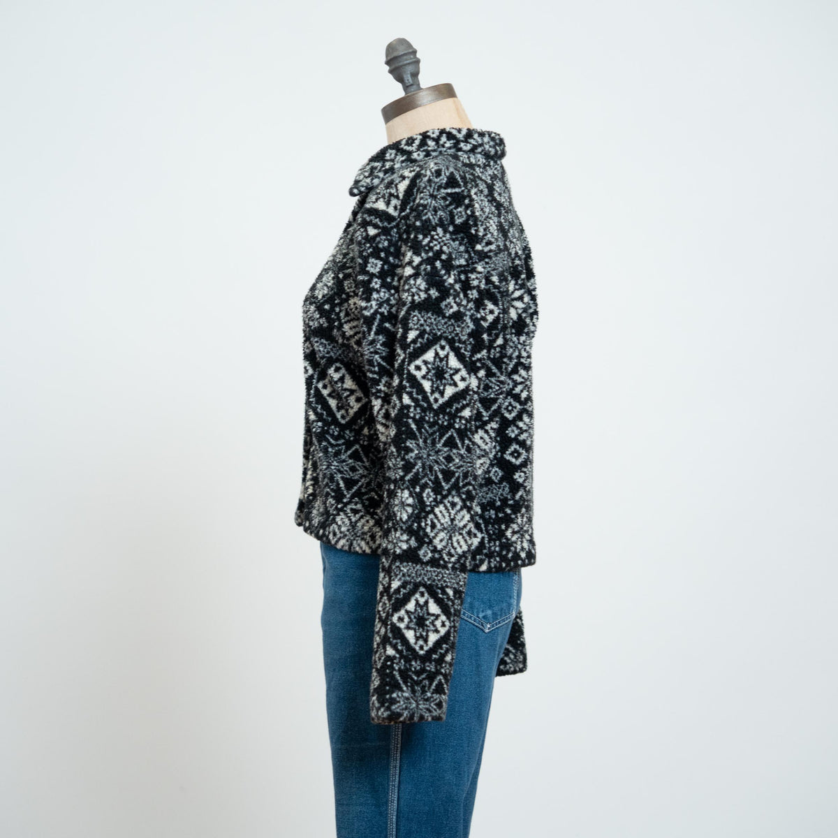 Vintage 90s Fleece Snowflake Cardigan - Medium | Black & White Button Up Sweater