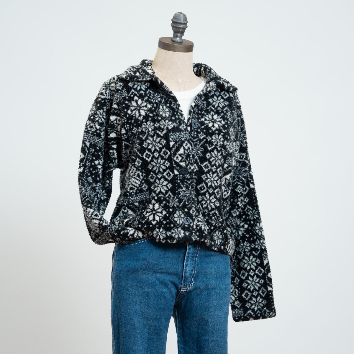 Vintage 90s Fleece Snowflake Cardigan - Medium | Black & White Button Up Sweater