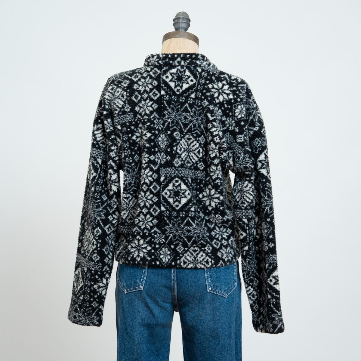 Vintage 90s Fleece Snowflake Cardigan - Medium | Black & White Button Up Sweater