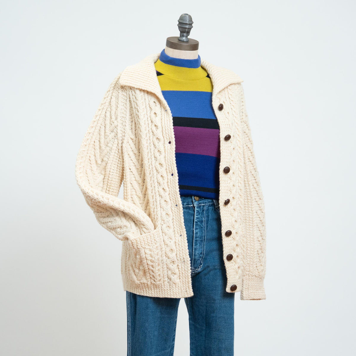 Vintage 70s/80s Cream Wool Cable Knit Cardigan - Small to Medium | Irish Button Up Fisherman Sweater