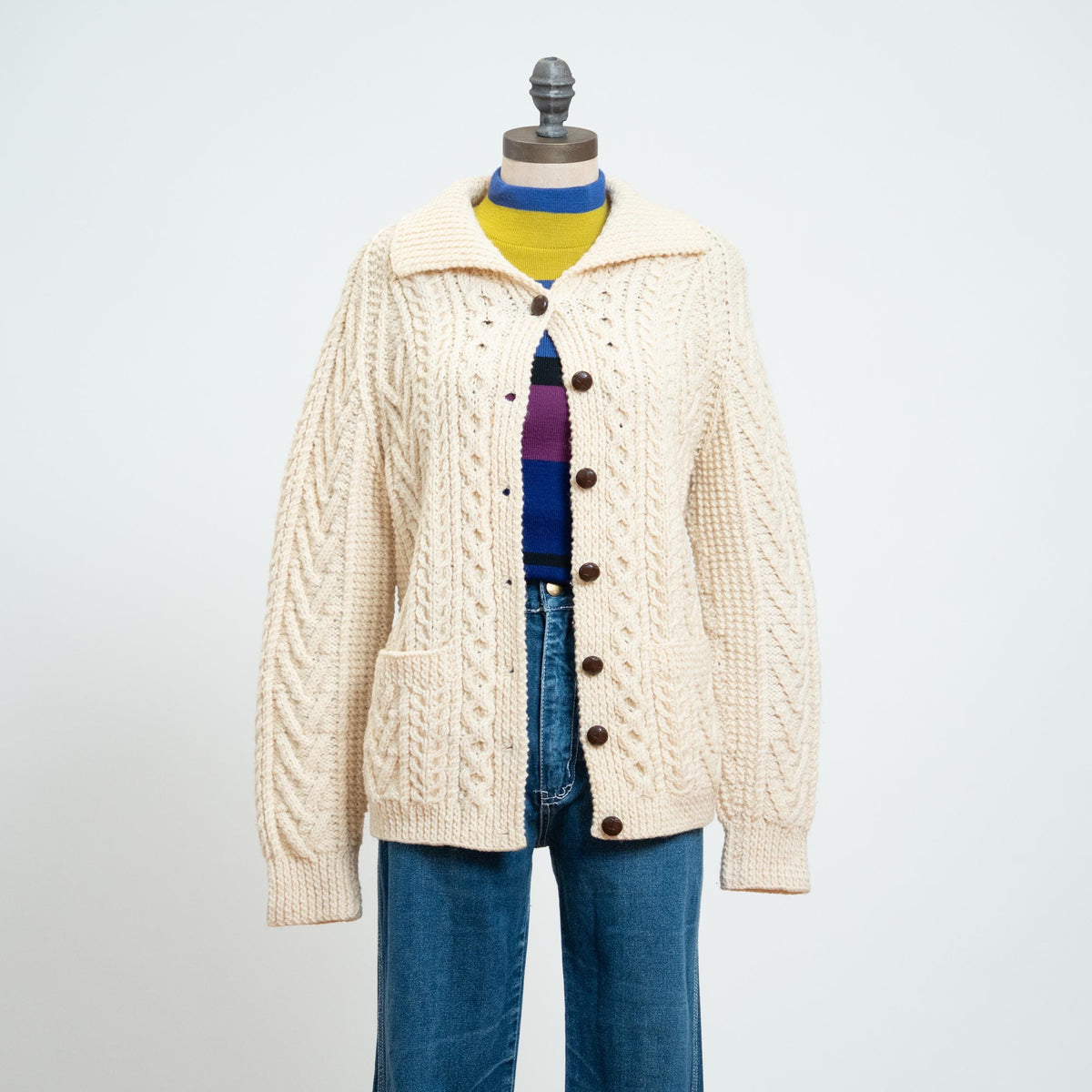 Vintage 70s/80s Cream Wool Cable Knit Cardigan - Small to Medium | Irish Button Up Fisherman Sweater