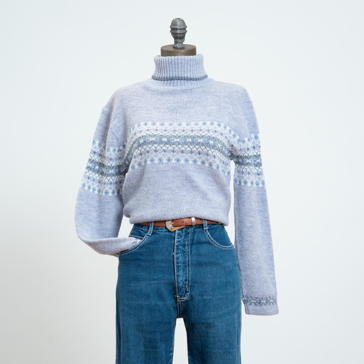 Vintage 90s Periwinkle Fair Isle Turtleneck Sweater - Medium | Pastel Nordic Knit Pullover