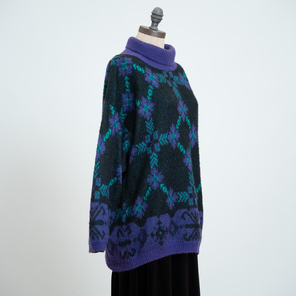 Vintage 80s Benetton Floral Mohair Sweater - Large | Purple Knit Oversize Longline Turtleneck