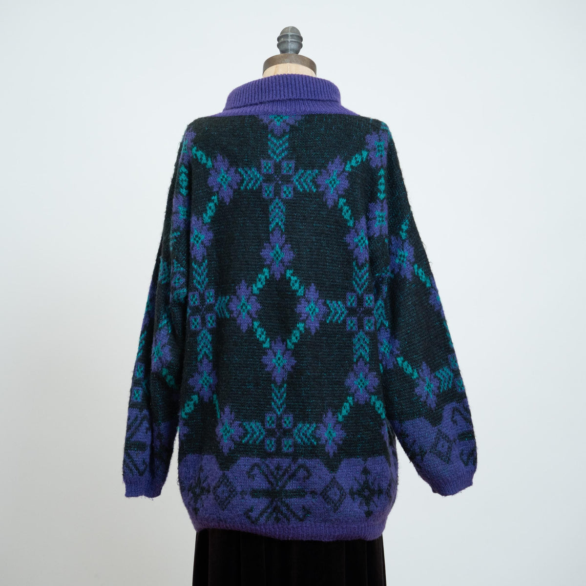 Vintage 80s Benetton Floral Mohair Sweater - Large | Purple Knit Oversize Longline Turtleneck