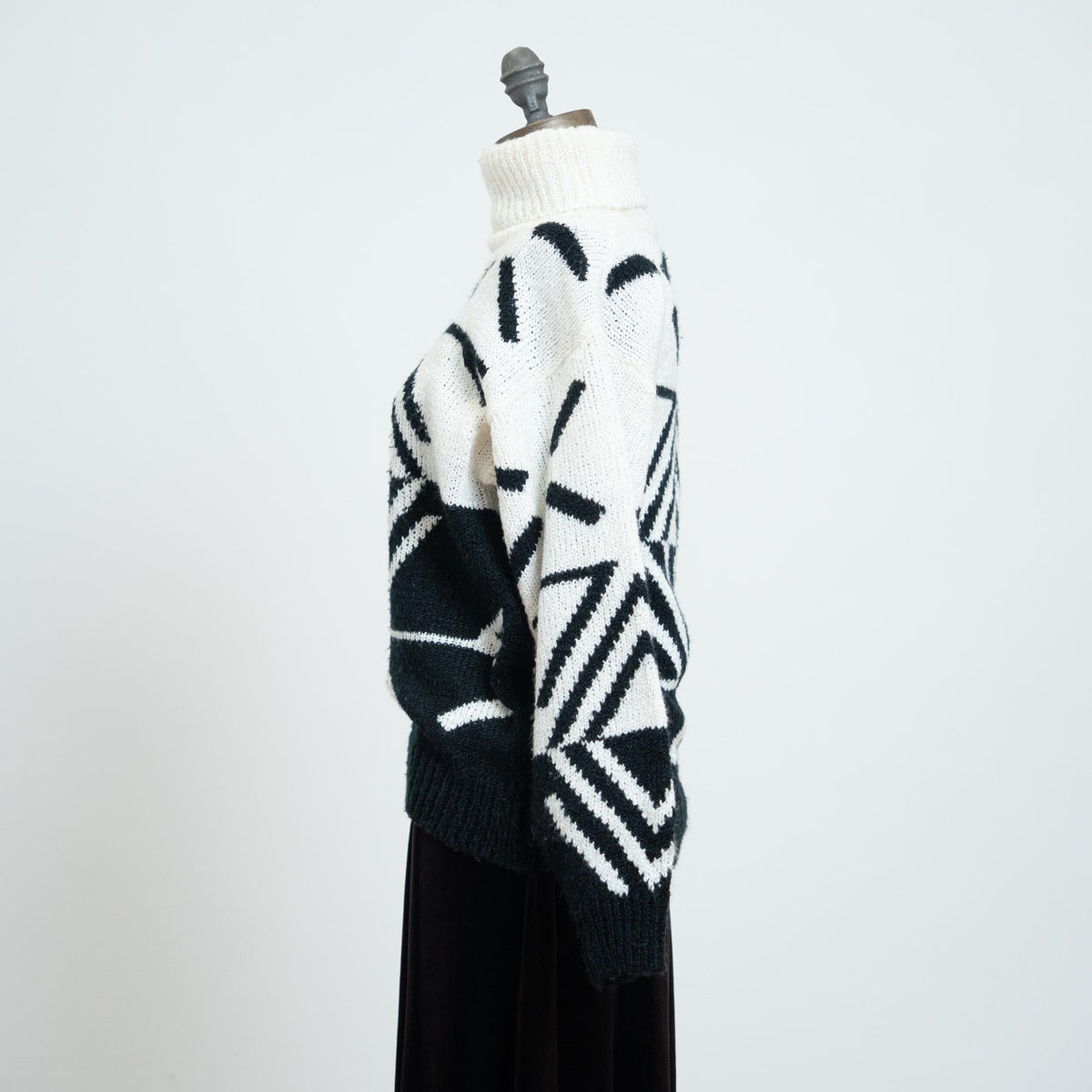 Vintage 80s Black & White Turtleneck Sweater - Medium | Oversize Geometric Knit Pullover
