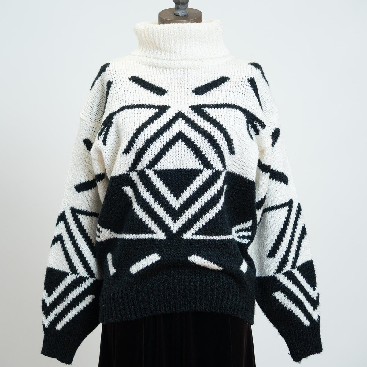 Vintage 80s Black & White Turtleneck Sweater - Medium | Oversize Geometric Knit Pullover