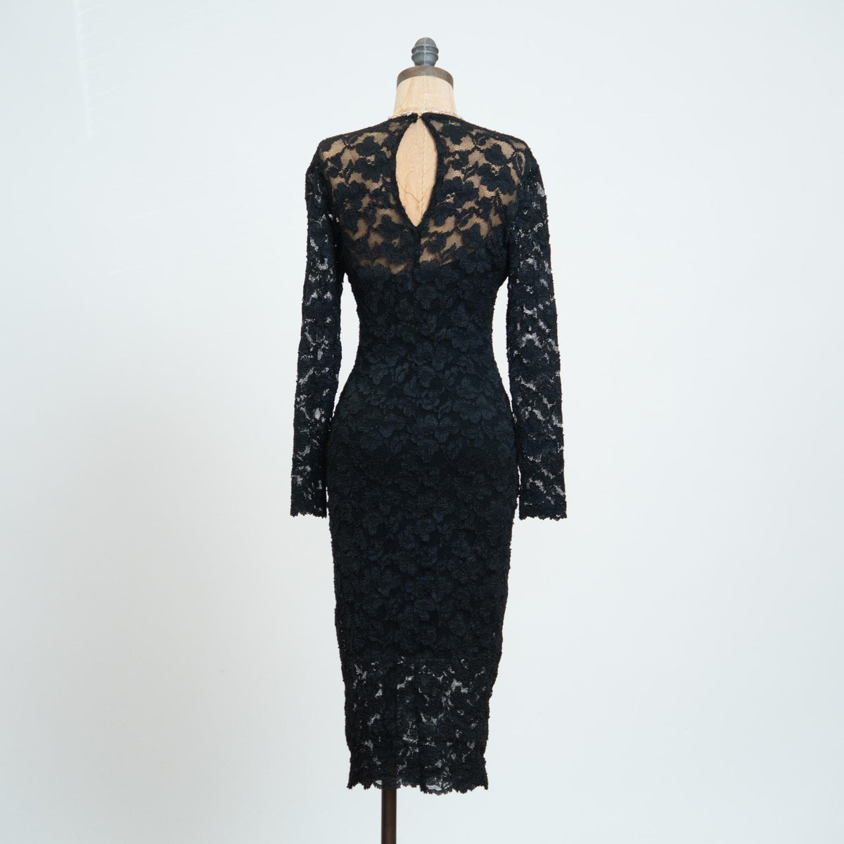 Vintage 80s AJ Bari Black Lace Midi Cocktail Dress - Small | Long Sleeve Keyhole Back Bodycon Party Dress