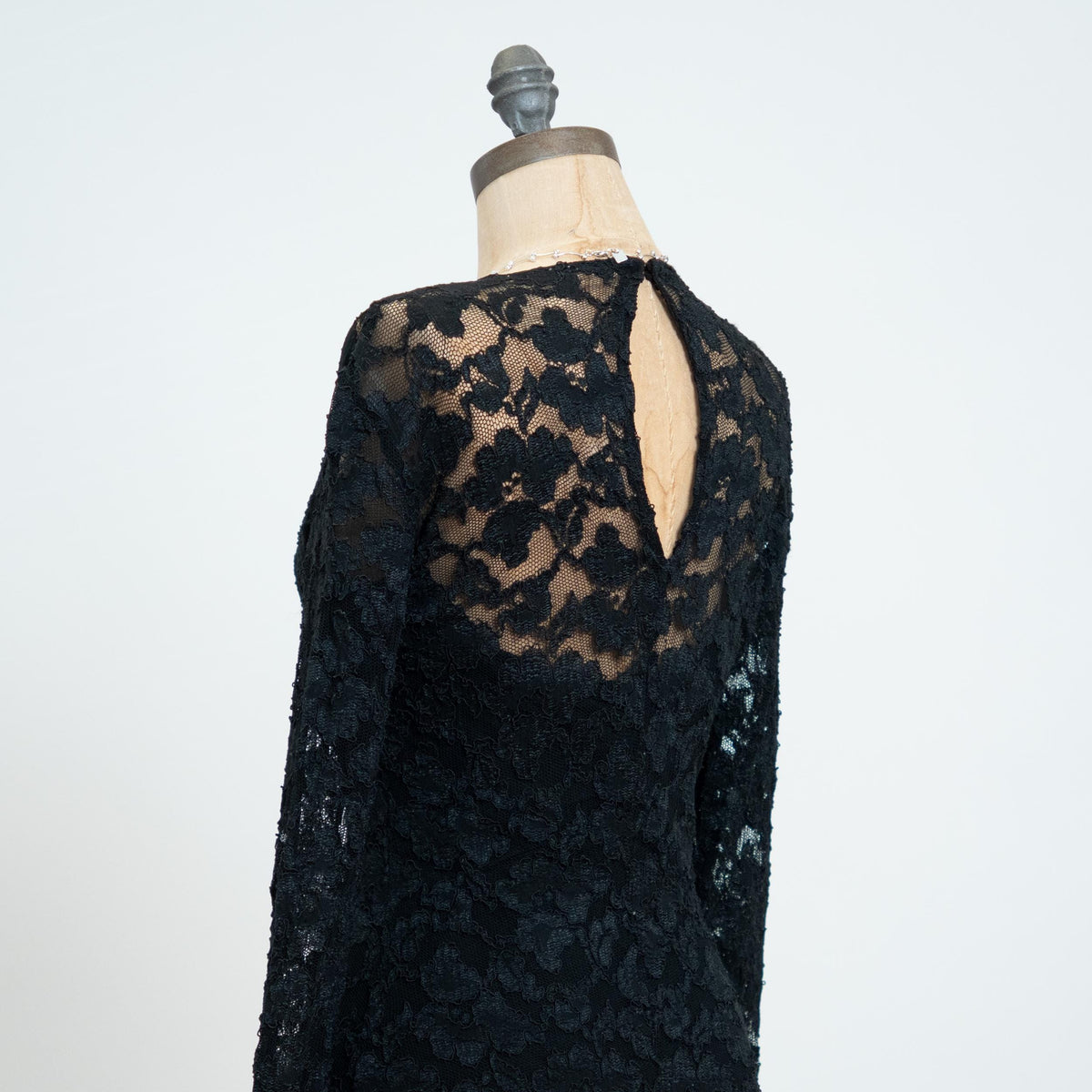 Vintage 80s AJ Bari Black Lace Midi Cocktail Dress - Small | Long Sleeve Keyhole Back Bodycon Party Dress