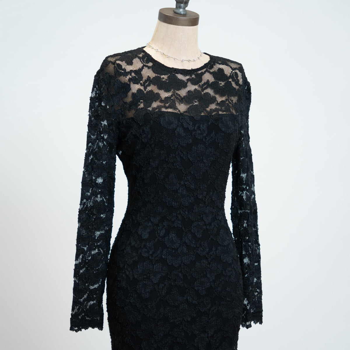 Vintage 80s AJ Bari Black Lace Midi Cocktail Dress - Small | Long Sleeve Keyhole Back Bodycon Party Dress