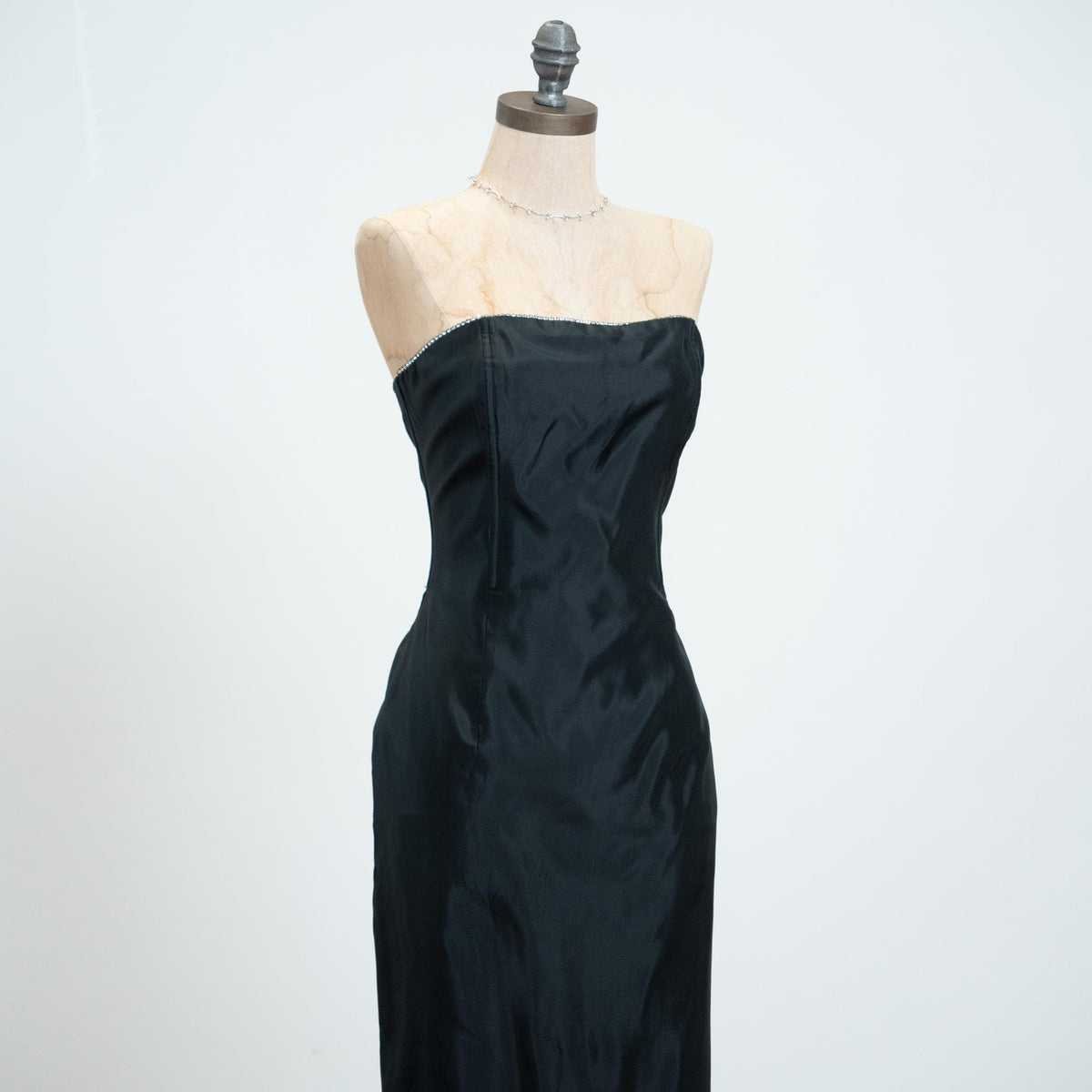 Vintage 90s Gunne Sax Black Satin Rhinestone Trim Gown - Small | Strapless Maxi Prom Dress