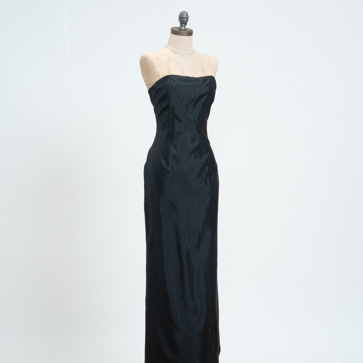Vintage 90s Gunne Sax Black Satin Rhinestone Trim Gown - Small | Strapless Maxi Prom Dress