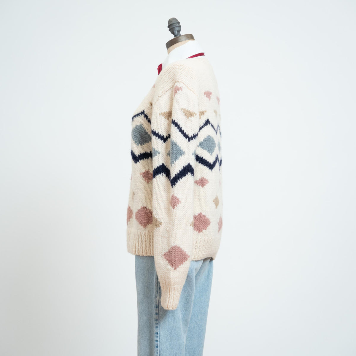 Vintage 80s Calvin Klein Geometric Wool Knit Sweater - Medium | Cream Chunky Knit Pullover