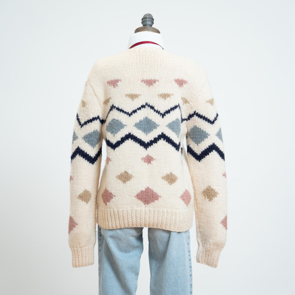 Vintage 80s Calvin Klein Geometric Wool Knit Sweater - Medium | Cream Chunky Knit Pullover