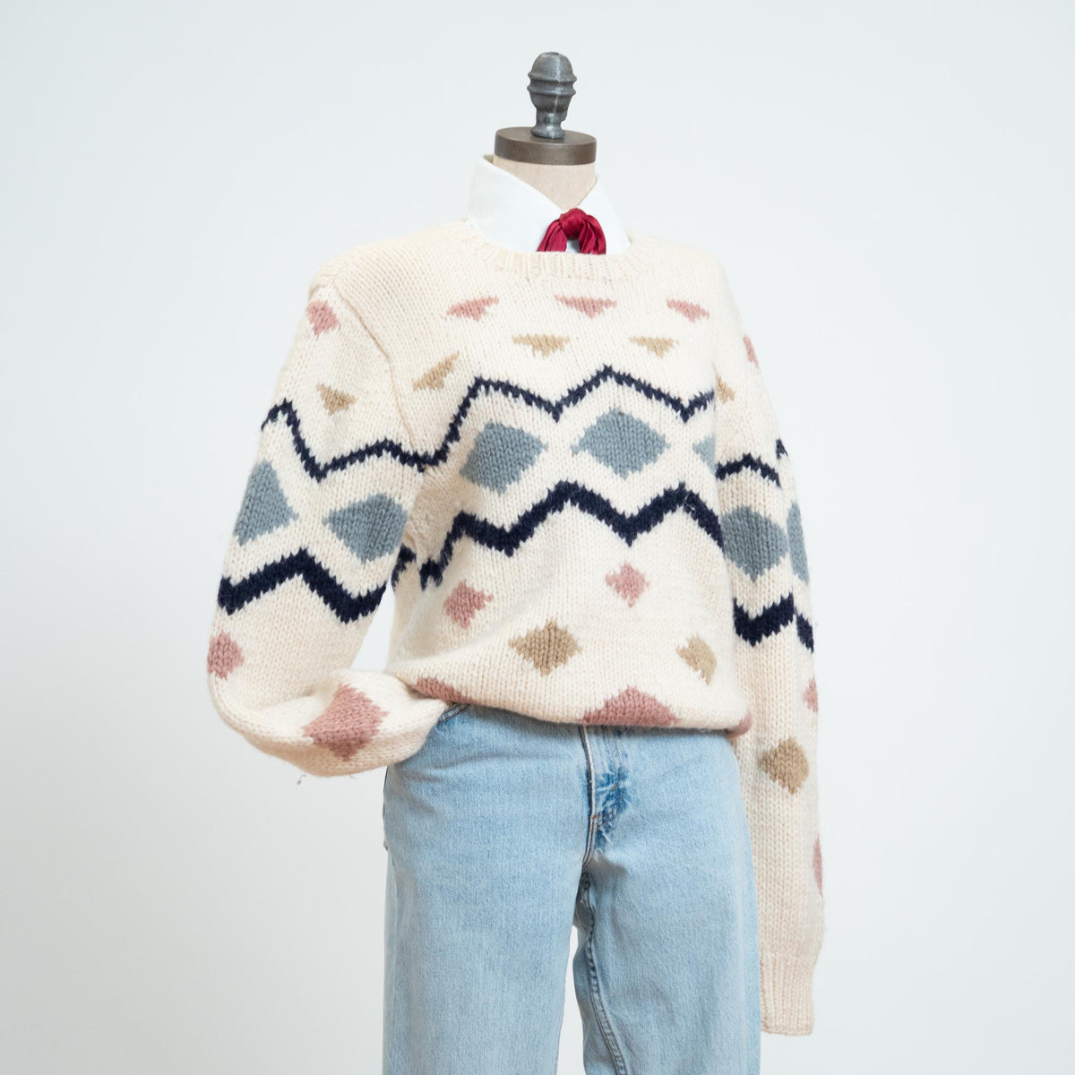 Vintage 80s Calvin Klein Geometric Wool Knit Sweater - Medium | Cream Chunky Knit Pullover