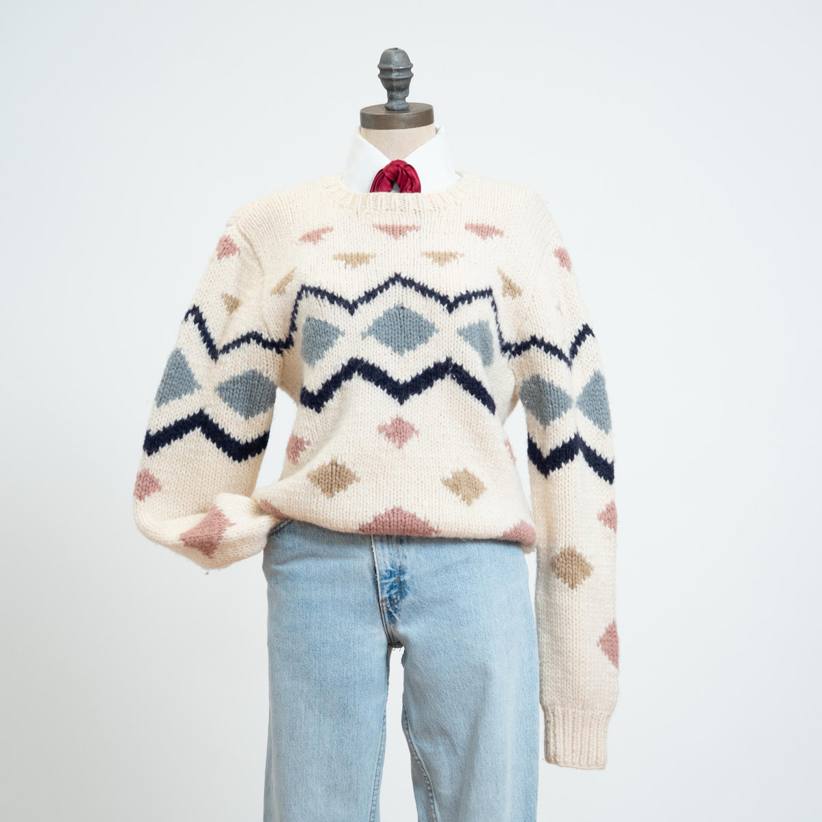 Vintage 80s Calvin Klein Geometric Wool Knit Sweater - Medium | Cream Chunky Knit Pullover
