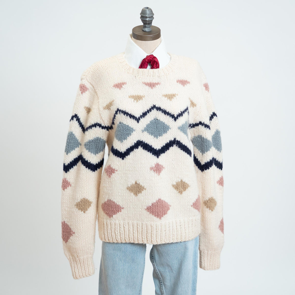Vintage 80s Calvin Klein Geometric Wool Knit Sweater - Medium | Cream Chunky Knit Pullover