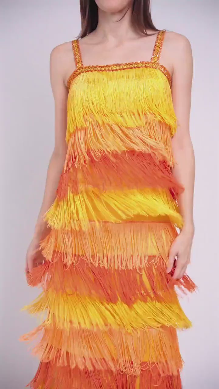Vintage 60s Yellow & Orange Fringe Flapper Dress - Extra Small