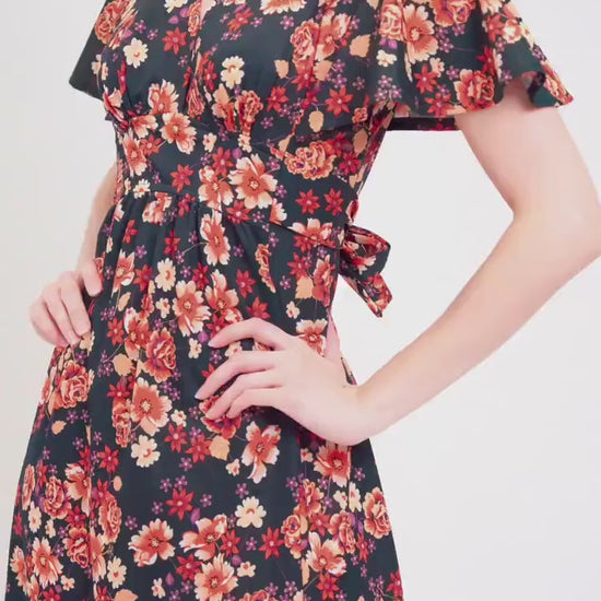 Vintage 70s Green & Orange Floral Flutter Sleeve Prairie Maxi Dress - Extra Small