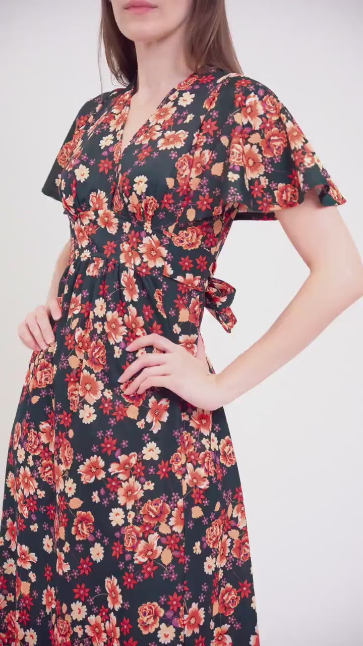 Vintage 70s Green & Orange Floral Flutter Sleeve Prairie Maxi Dress - Extra Small