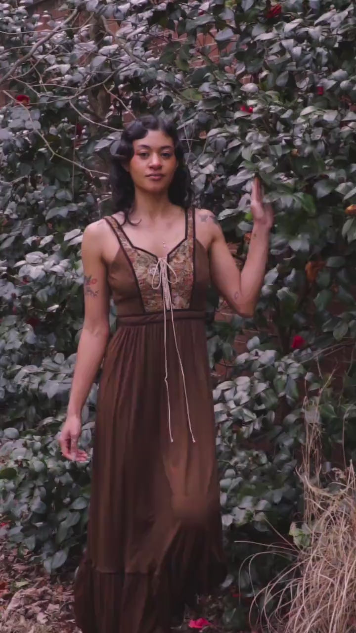 Vintage 70s Candi Jones Boho Brown Corset Maxi Dress - XS to Small
