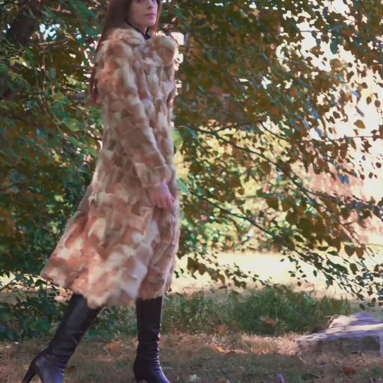 Vintage 60s 70s Mosaic Rabbit Fur Belted Coat, As Is - Small