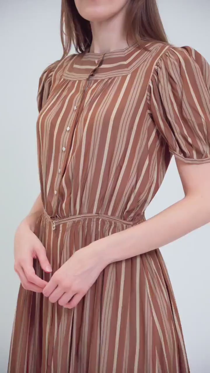 Vintage 1930s Fashion Originators Guild Brown Striped Maxi Day Dress, As Is - Small