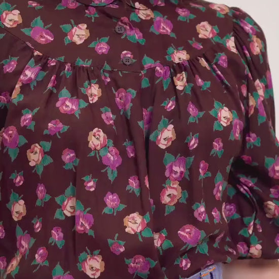 Vintage 70s Boho Brown Floral Balloon Sleeve Blouse - Small