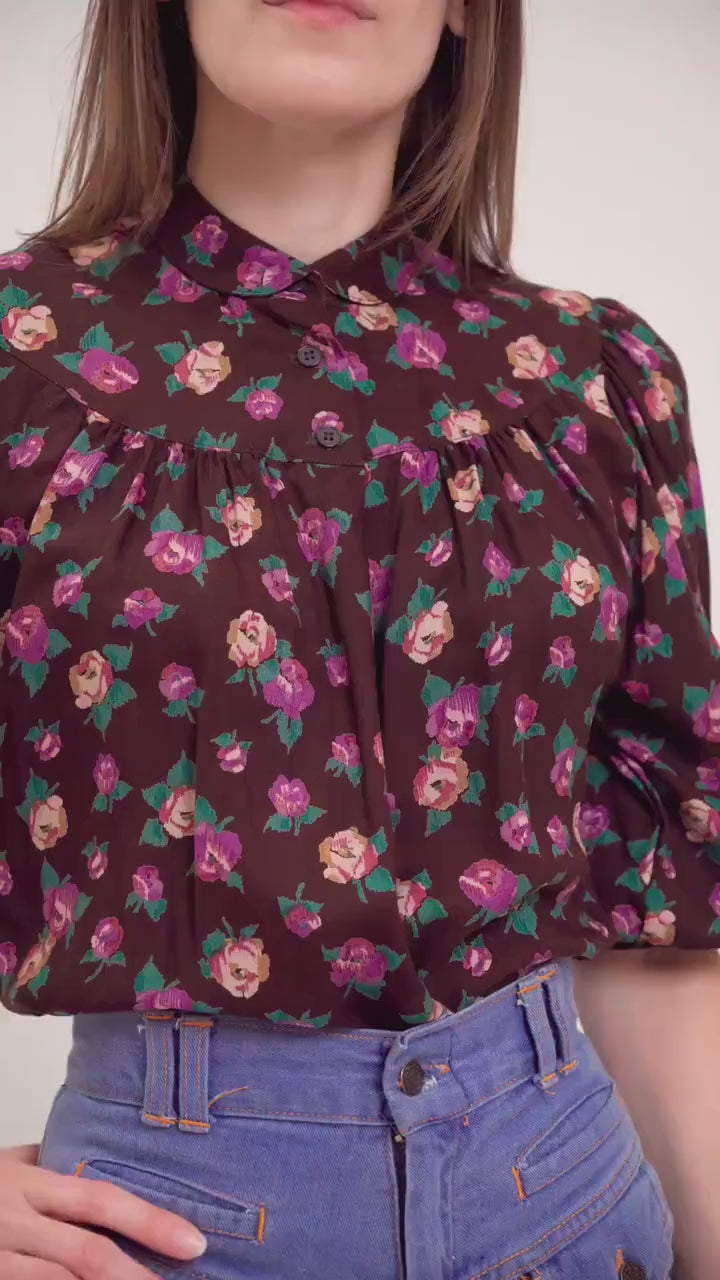 Vintage 70s Boho Brown Floral Balloon Sleeve Blouse - Small