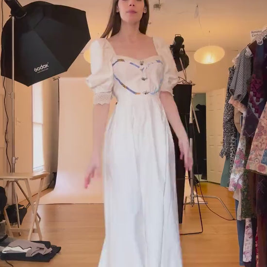Medium Antique 1900s Romantic White Cotton Heart Applique Dress