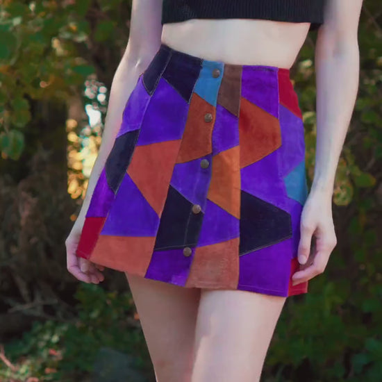 Vintage 70s Suede Patchwork Mini Skirt - Small, 26" Waist
