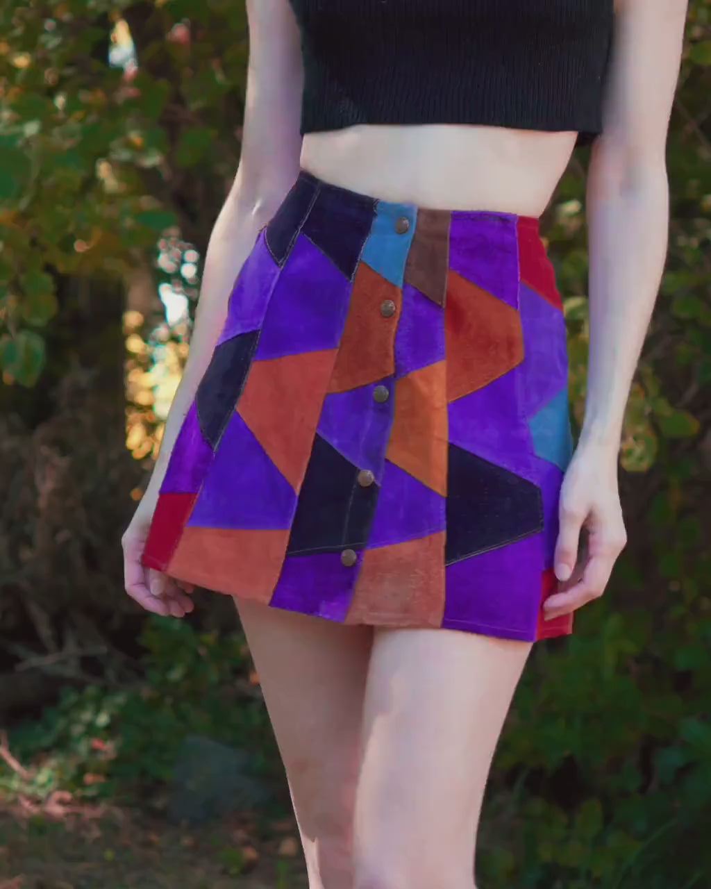 Vintage 70s Suede Patchwork Mini Skirt - Small, 26" Waist