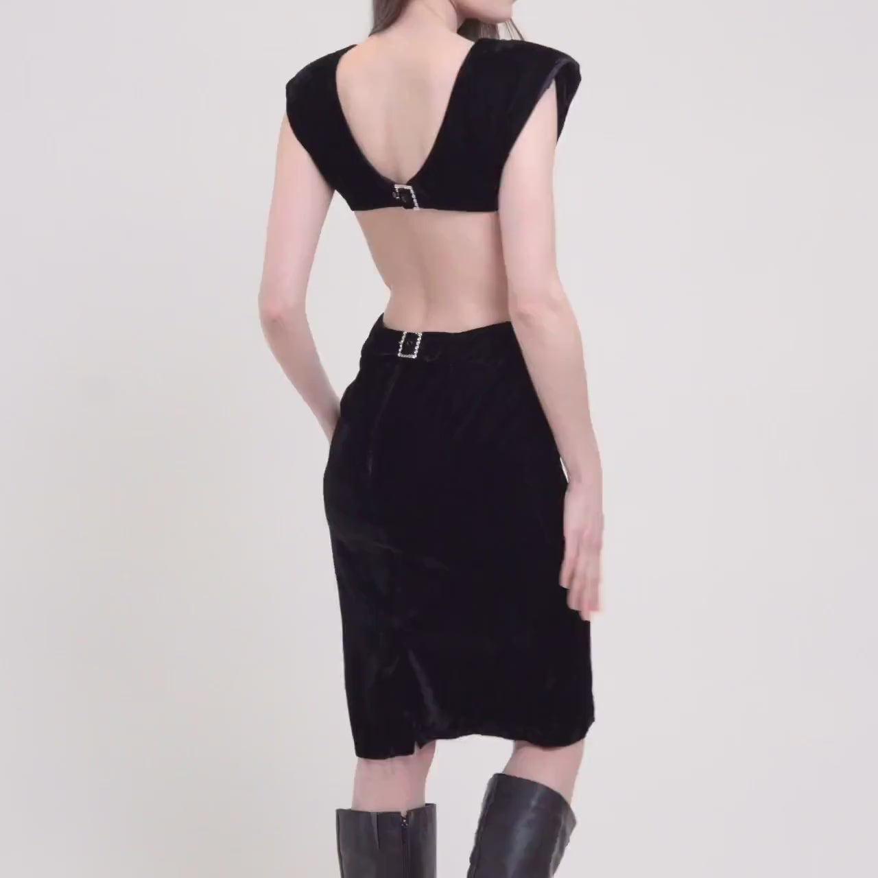 Vintage 80s Black Velvet Cutout Avant Garde Bodycon Dress - Small