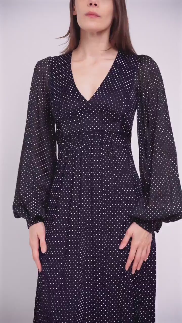 Vintage 70s Black & White Swiss Dot Balloon Sleeve Maxi Dress - Extra Small