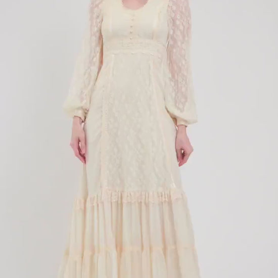 Vintage 70s Gunne Sax Cream Lace Prairie Maxi Dress - Extra Small