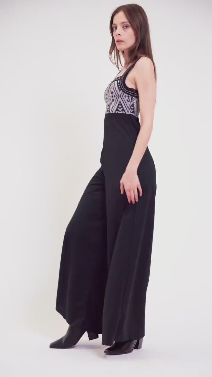 Vintage 70s Black & Silver Lurex Bell Bottom Jumpsuit - Small