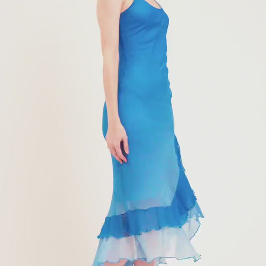 Vintage 90s Y2K Blue Gradient Silk Party Dress - Small