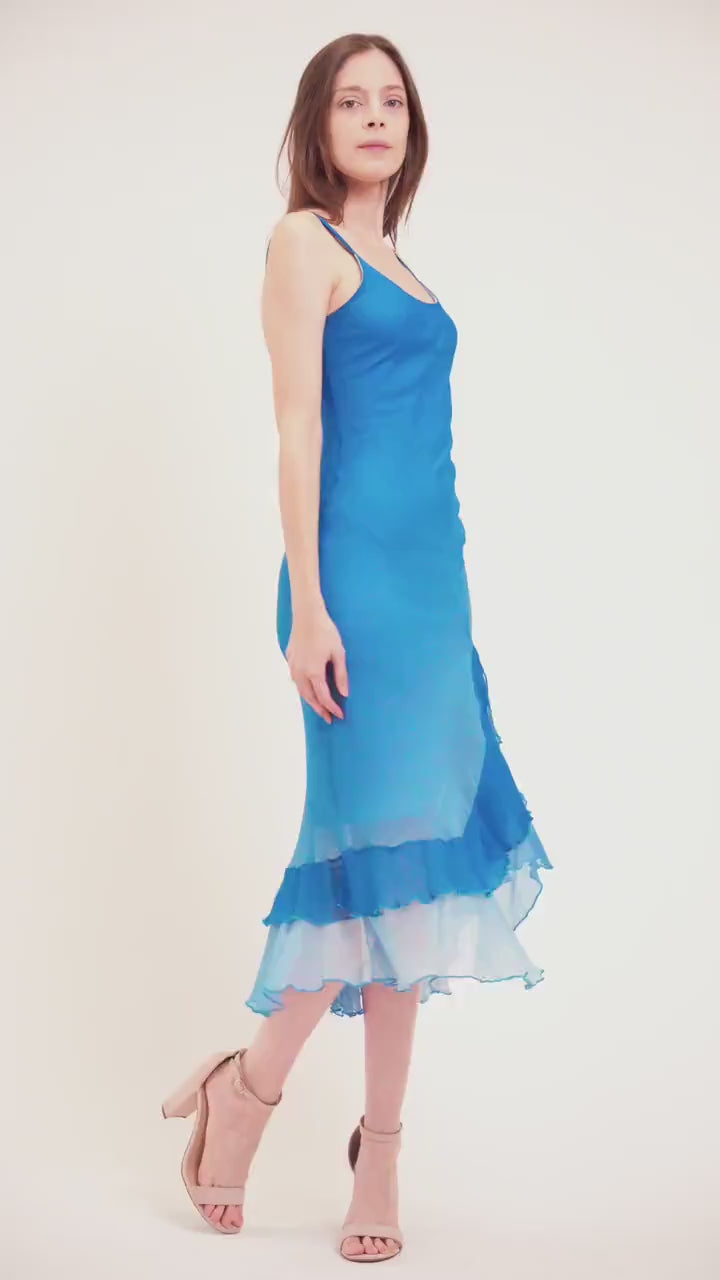 Vintage 90s Y2K Blue Gradient Silk Party Dress - Small