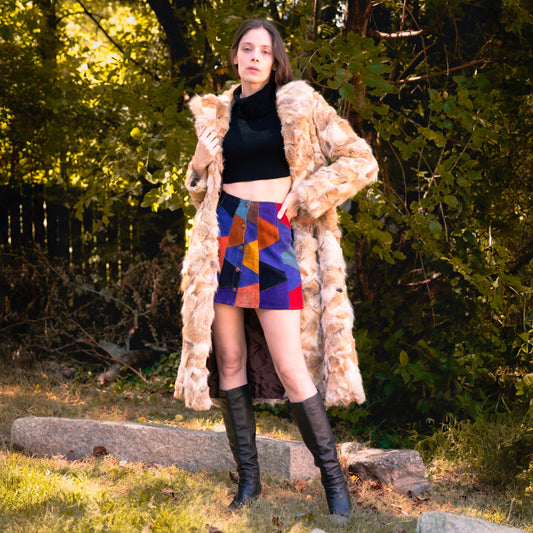 Vintage 70s Mosaic Rabbit Fur Belted Coat, As Is - Small